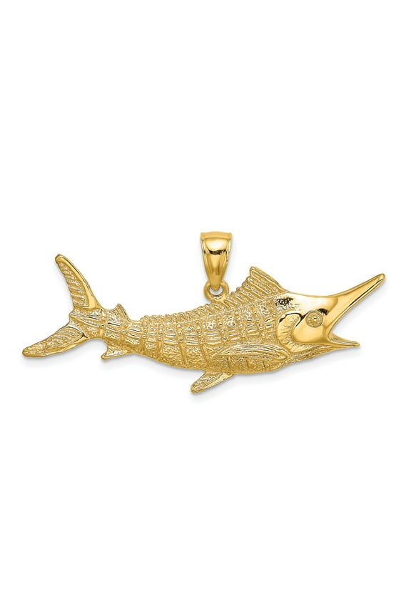 14k Yellow Gold Marlin Fish Pendant for Men, Textured Nautical Jewelry with Polished Finish, Ocean Symbol Accessory for Anglers and Sport Fishing Enthusiasts