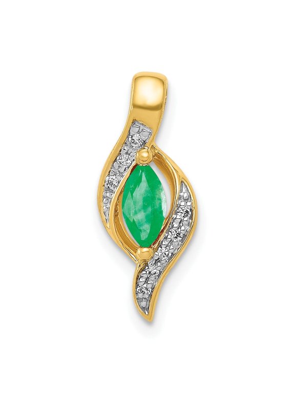 14k Yellow Gold Marquise Green Gemstone Pendant with Diamond Accents, Leaf Design Fine Jewelry for Women, May Birthstone Necklace, Nature Inspired Symbol of Growth and Renewal
