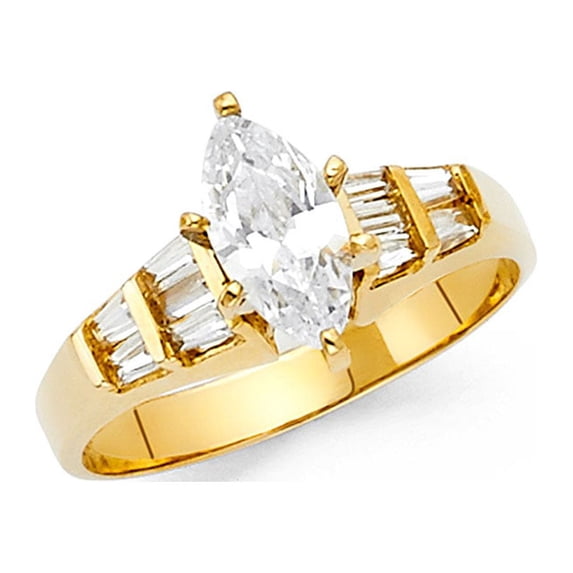 14k Yellow Gold Marquise Solitaire CZ Engagement Ring Anniversary CZ Band Baguette Side Stones Size 5.5