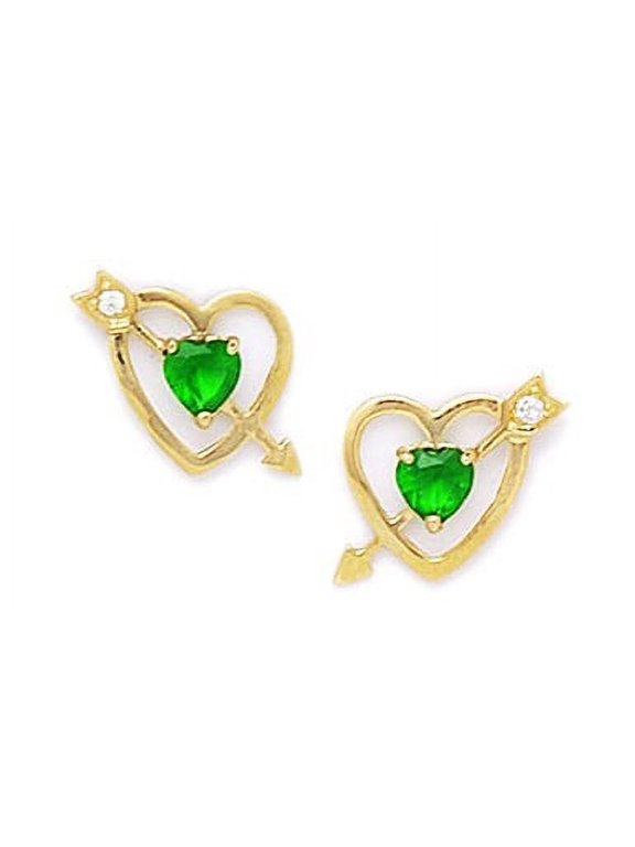 14k Yellow Gold May Green CZ Large Cupids Arrow Screw-Back Earrings - Measures 11x13mm