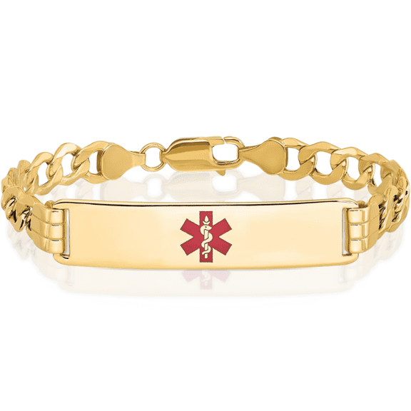 14K Solid Yellow Gold Medical Alert Curb Link Name Bar Identification ID Bracelet