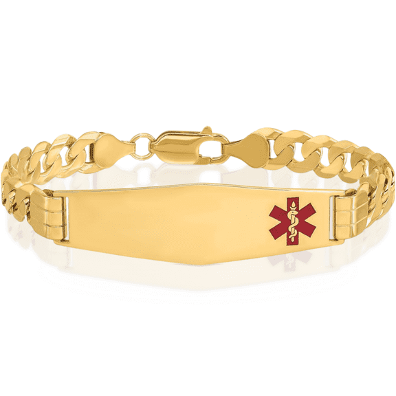14K Solid Yellow Gold Medical Alert Curb Link Name Bar Identification ID Bracelet