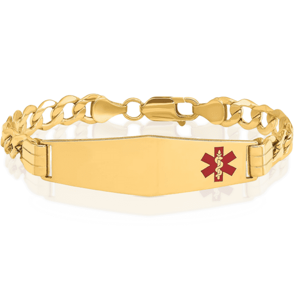 14K Solid Yellow Gold Medical Alert Curb Link Name Bar Identification ID Bracelet