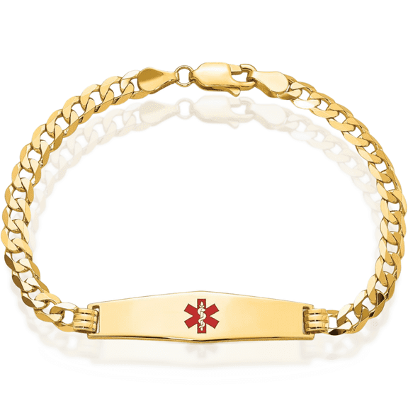 14K Solid Yellow Gold Medical Alert Curb Link Name Bar Identification ID Bracelet
