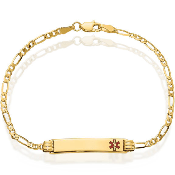 14K Solid Yellow Gold Medical Alert Figaro Link Name Bar Identification ID Bracelet