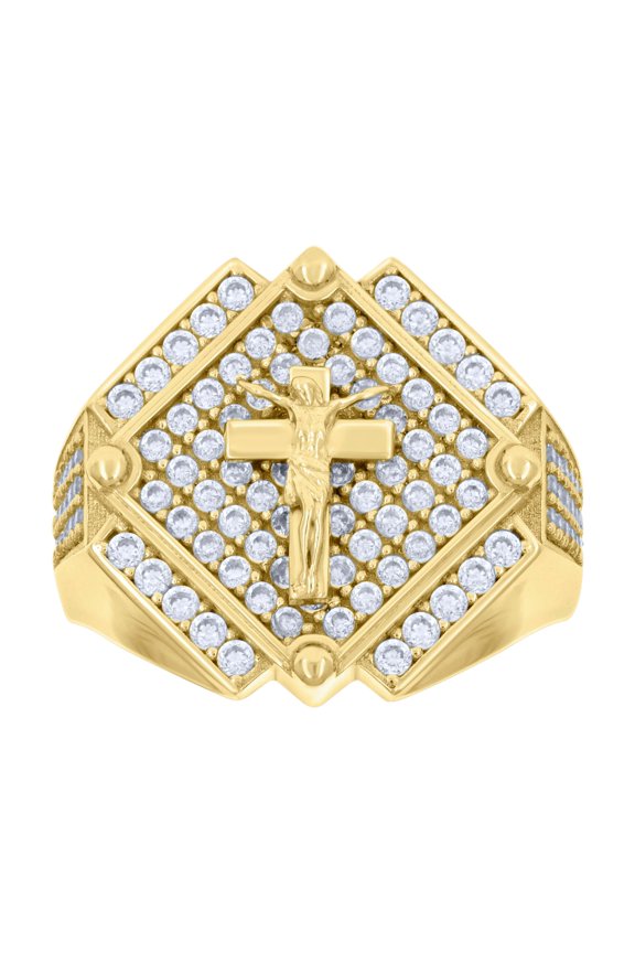 14k Yellow Gold Mens Cubic-Zirconia Crucifix Cross Religious Ring