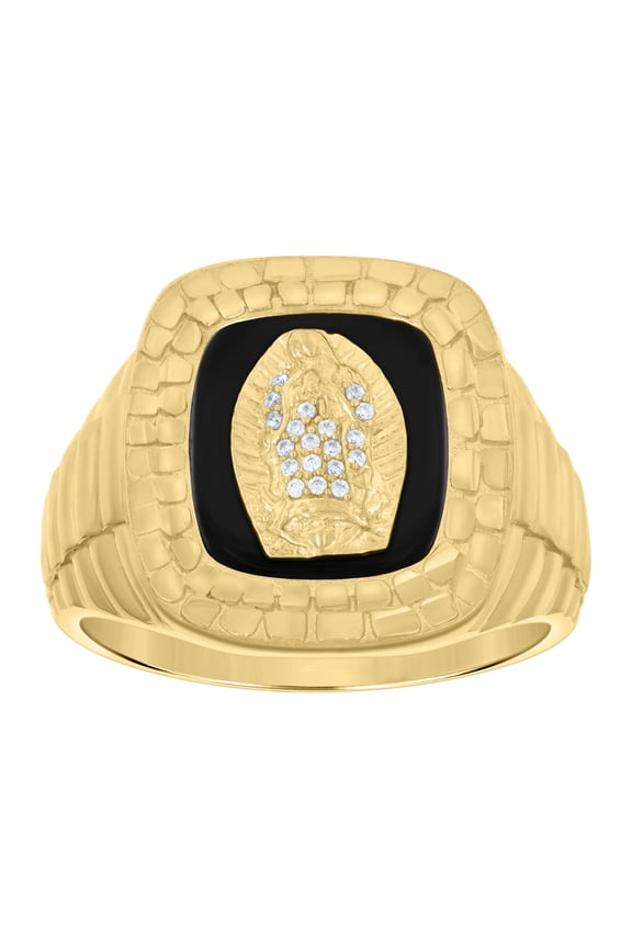 14k Yellow Gold Mens Cubic Zirconia Onyx Guadalupe/Mother Marry Religious Nugget Ring
