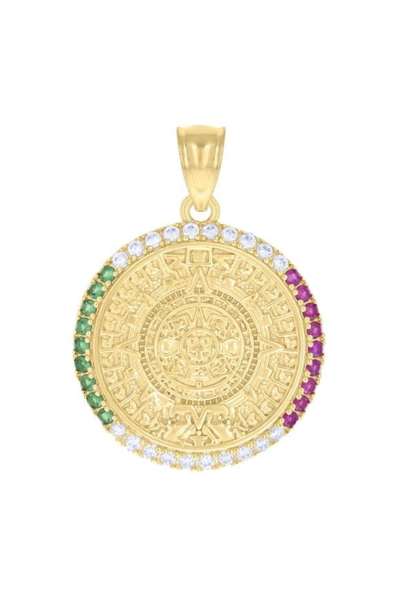 14k Yellow Gold Mens Green/Pink White Cubic-Zirconia Aztec Calendar Fashion Charm Pendant