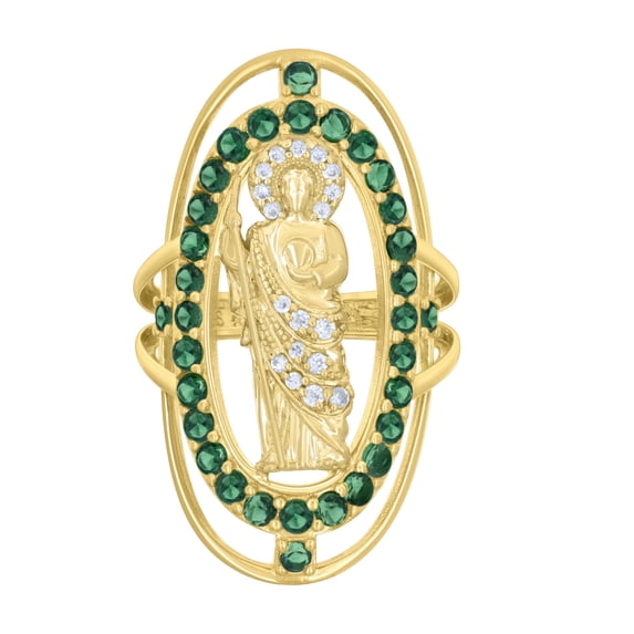 14k Yellow Gold Mens Green White Cubic-Zirconia Oval St. Jude Religious Ring