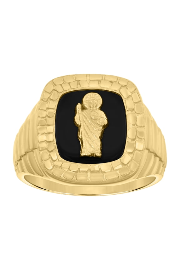 14k Yellow Gold Mens Onyx St. Jude Saint Religious Nugget Ring