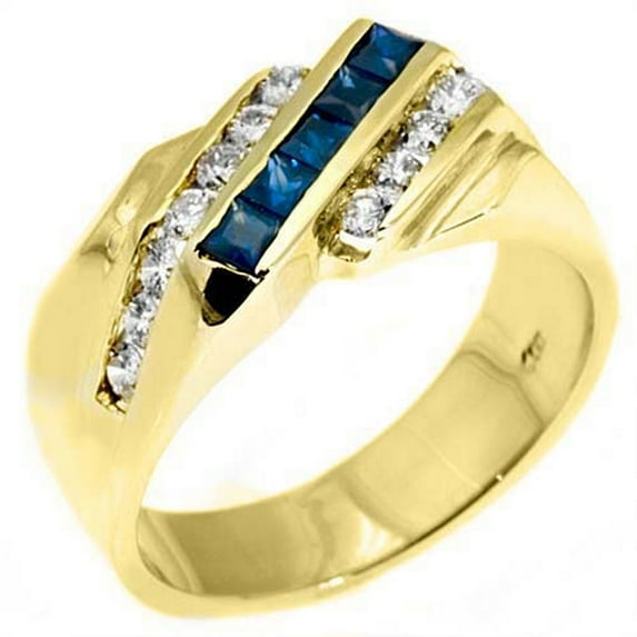 14k Yellow Gold Mens Princess Cut Blue Sapphire & Round Diamond Ring 1.62 Carats