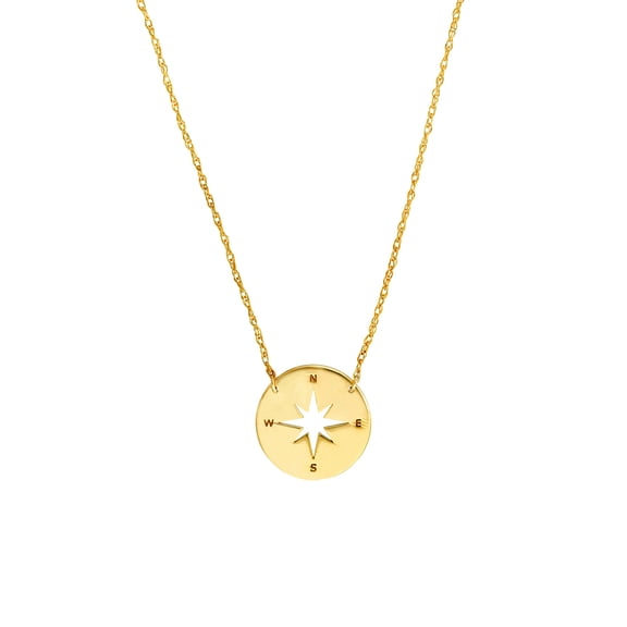14k Yellow Gold Mini Compass Adjustable NecklaceSpring-Ring Closure 18 Inch Pendant Necklace for Women