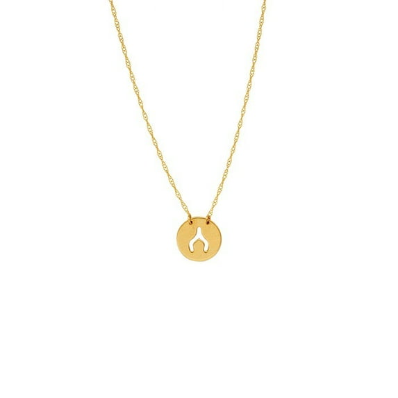 14k Yellow Gold Mini Disk Cut Out Wish Bone Necklace Spring Ring Closure - 1.1 Grams - 18 Inch