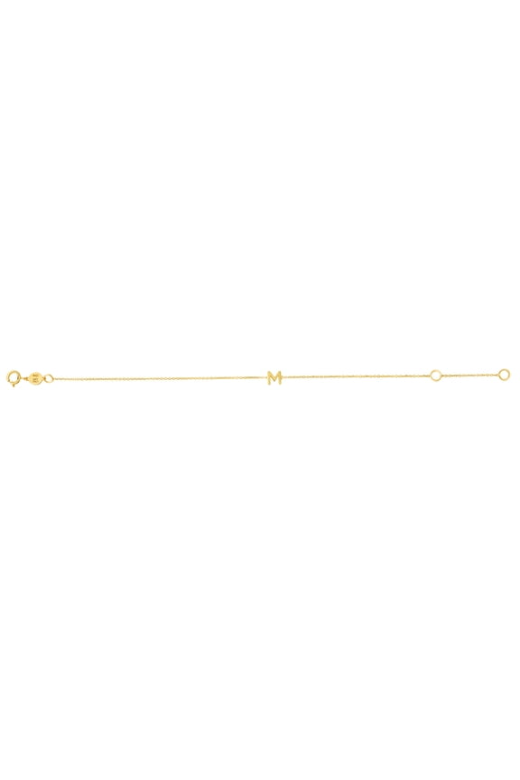 14k Yellow Gold Mini Letter Name Personalized Monogram Initial M Bracelet .9mm Chain-width 7 Inch Link Bracelet for Wome