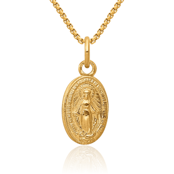 14K Solid Yellow Gold Our Lady of Miraculous Medal Blessed Virgin Mary Necklace Chain Pendant Charm with chain 18inch