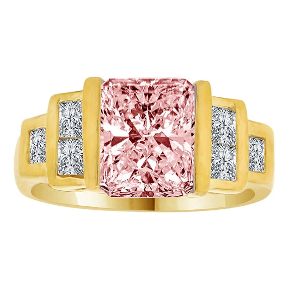 14k Yellow Gold, Modern Design Ring Facetted Pink CZ Oct Synthetic Birthstones Size 7