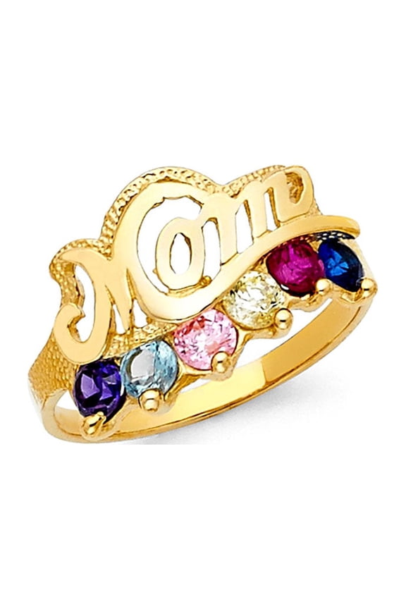 14k Yellow Gold Mom Ring CZ Mothers Day Band Six Stone Multi Color CZ Diamond Cut Fancy Size 6