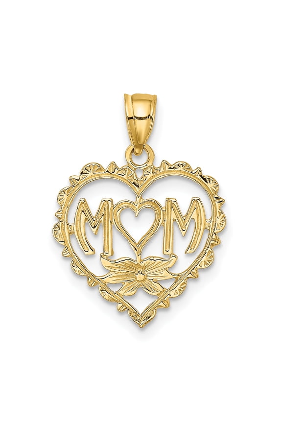 14k Yellow Gold Mom in Heart with Heart Shaped O Charm Pendant