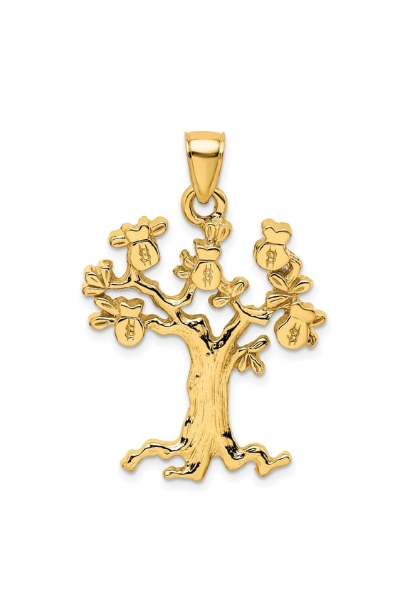 14k Yellow Gold Money Tree Pendant Charm with Money Bag Symbols, Polished