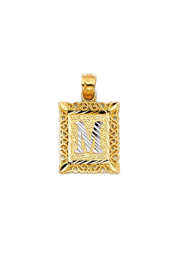 14k Yellow Gold Monogram Letter M Pendant RectAngel Frame Diamond-Cut Charm Jewelry Female Unisex