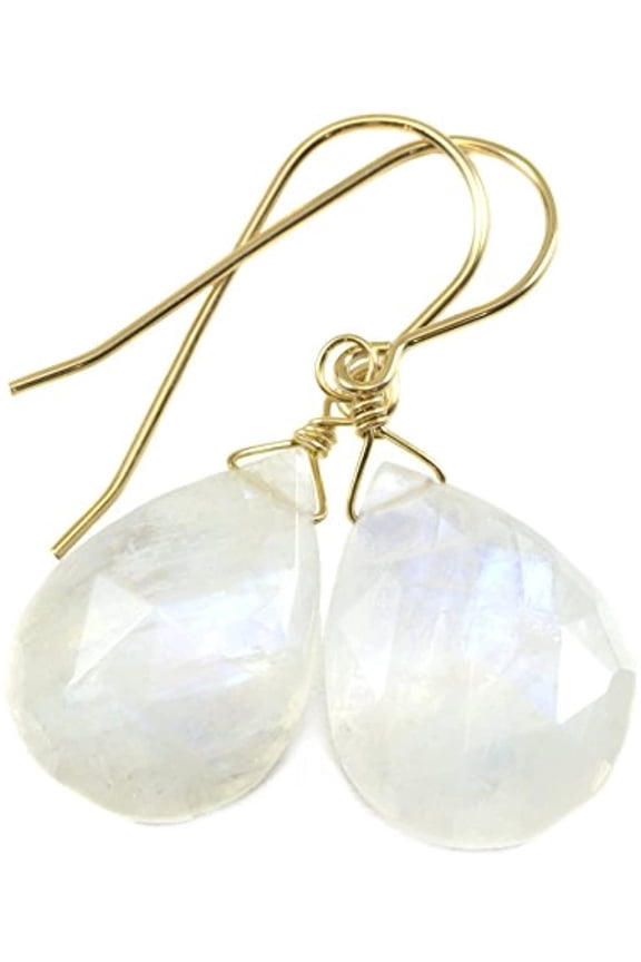 14k Yellow Gold Moonstone Earrings Rainbow Blue Faceted Large Pear Shaped Drops Designed for Adult Women
