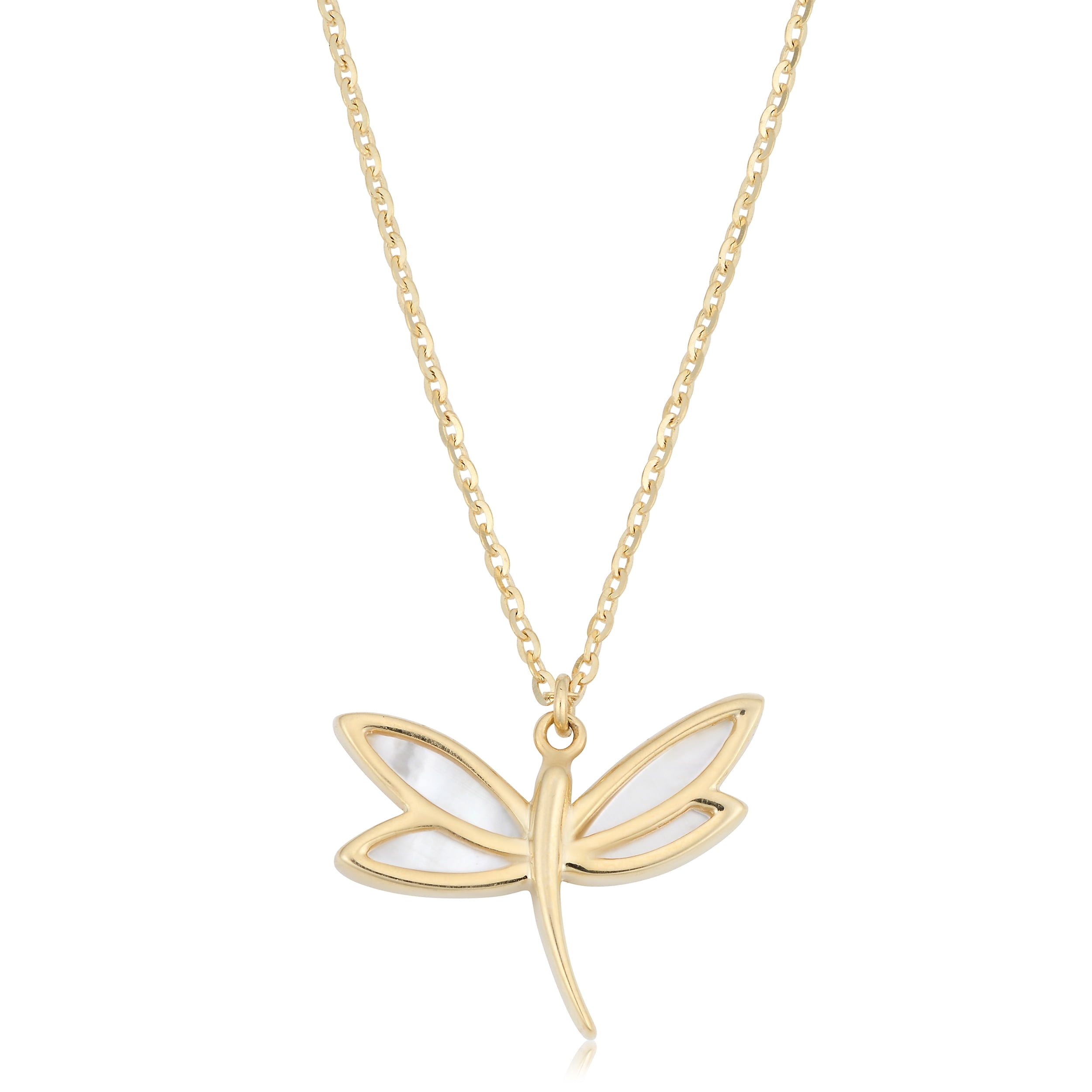 KoolJewelry 14k Yellow Gold Mother of Pearl Dragonfly Necklace (18 inch)