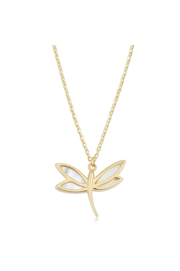 KoolJewelry 14k Yellow Gold Mother of Pearl Dragonfly Necklace (18 inch)