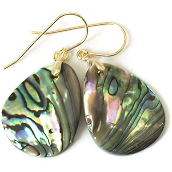 14k Yellow Gold Pearl Abalone Shell Earrings Peacock Blue Goldtone Bail Simple Oval Drops Designed for Adult Women
