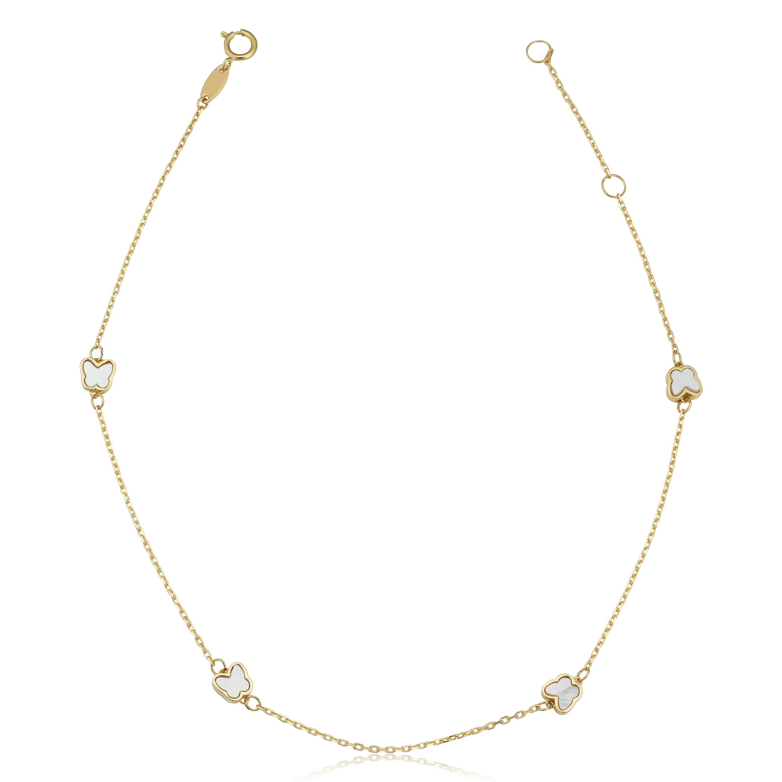 KoolJewelry 14k Yellow Gold Mother of Pearl Butterfly Station Anklet (adjusts to 9 or 10 inch)