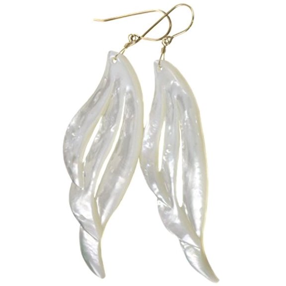 14k Yellow Gold Mother of Pearl Earrings White Carved Extra Large MOP Long Wing Shaped 3.4" Designed for Adult Women and