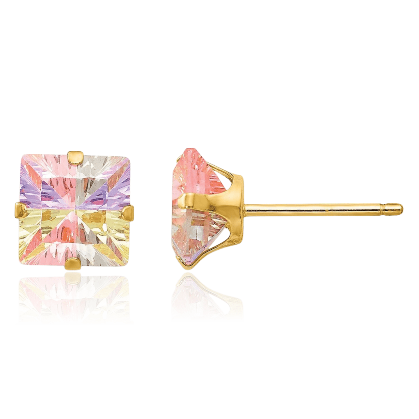14K Solid Yellow Gold Multi-color Cubic Zirconia CZ 6mm Square Stud ...