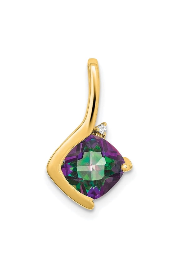 14k Yellow Gold Mystic Topaz Pendant Necklace for Women with Diamond Accent, Cushion Cut Green Purple Gem, Modern Abstract Fine Jewelry, Elegant Daily Wear Accessory
