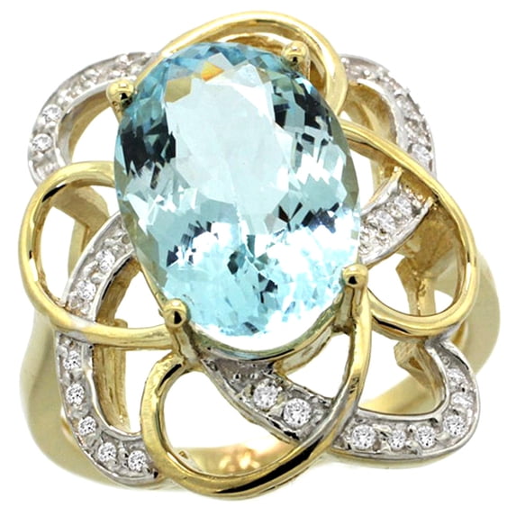 14k Yellow Gold Natural Aquamarine Floral Design Ring 13x9 mm Oval Shape Diamond Accent, 7/8inch wide, size 9