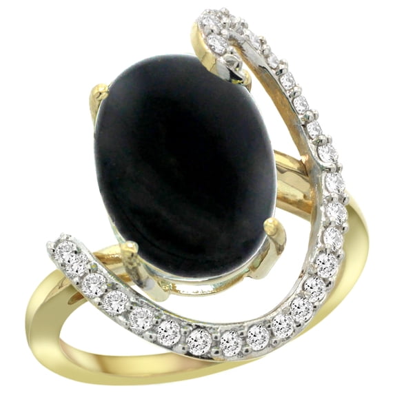 14k Yellow Gold Natural Black Onyx Ring Oval 14x10 Diamond Accent, 3/4inch wide, size 6