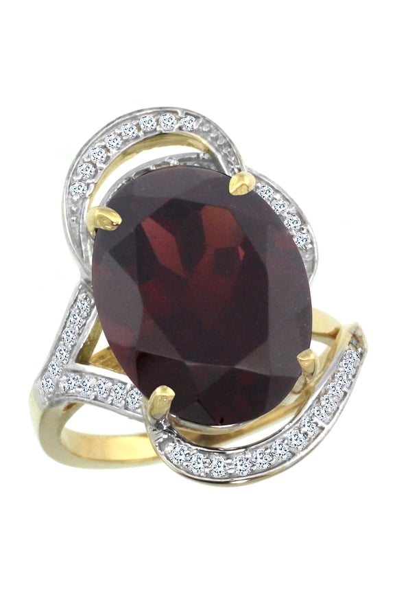14k Yellow Gold Natural Garnet Ring Diamond Accent Oval 16x12mm, size 7