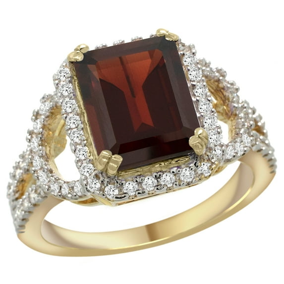 14k Yellow Gold Natural Garnet Ring Octagon 10x8mm Diamond Halo, 1/2inch wide, size 8.5