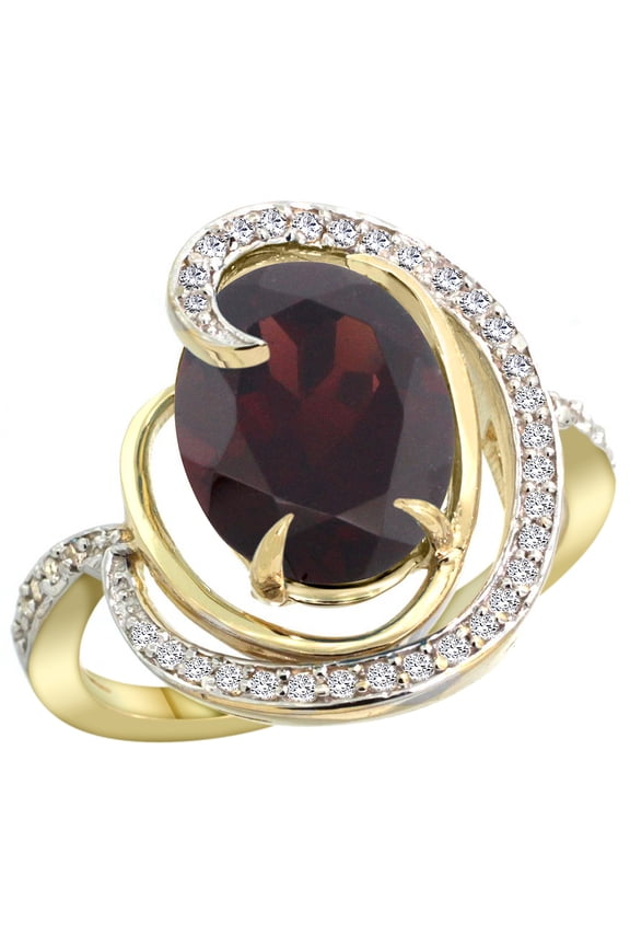 14k Yellow Gold Natural Garnet Ring Oval 12x10mm Diamond Accents, size 6