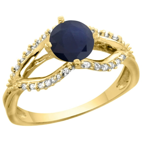 14k Yellow Gold Natural HQ Blue Sapphire Ring Diamond Accents, 5/16 inch wide, size 5.5