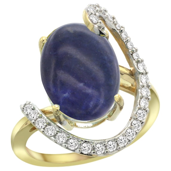 14k Yellow Gold Natural Lapis Ring Oval 14x10 Diamond Accent, 3/4inch wide, size 9