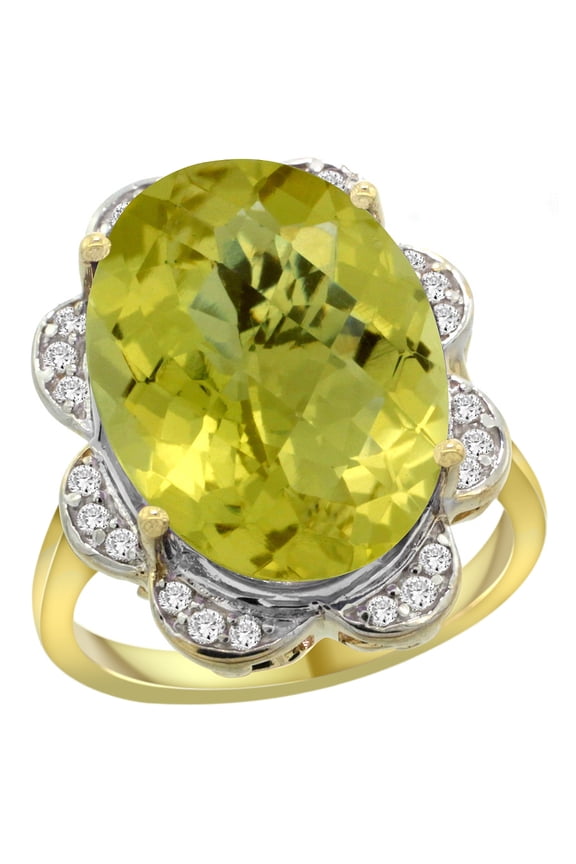 14k Yellow Gold Natural Lemon Quartz Ring Oval 18x13mm Diamond Floral Halo, 3/4inch wide, size 8