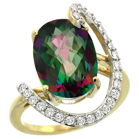 14k Yellow Gold Natural Mystic Topaz Ring Oval 14x10 Diamond Accent, 3/4inch wide, size 8