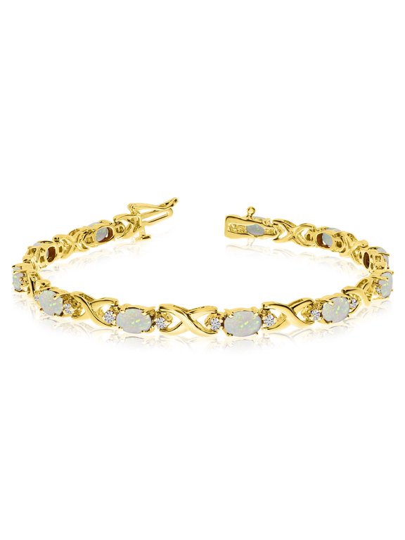14k Yellow Gold Natural Opal And Diamond Tennis Bracelet