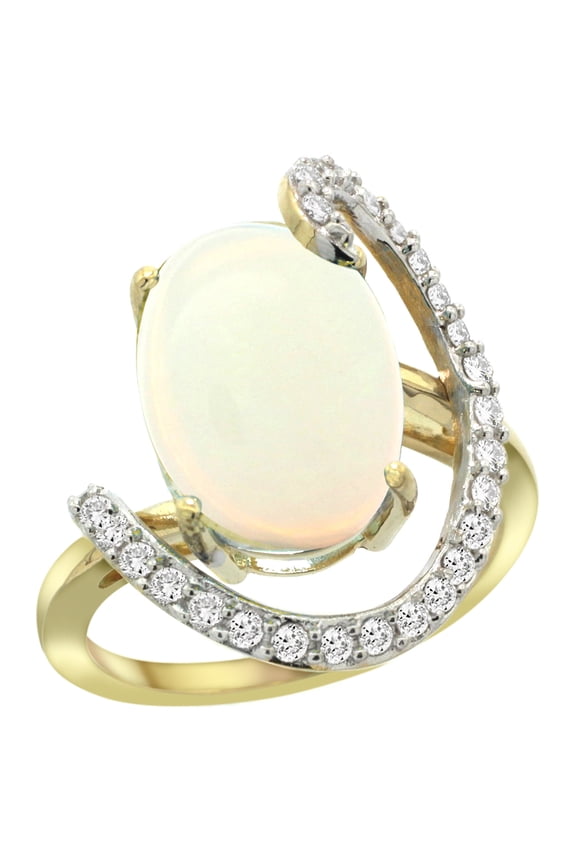 14k Yellow Gold Natural Opal Ring Oval 14x10 Diamond Accent, size 9.5