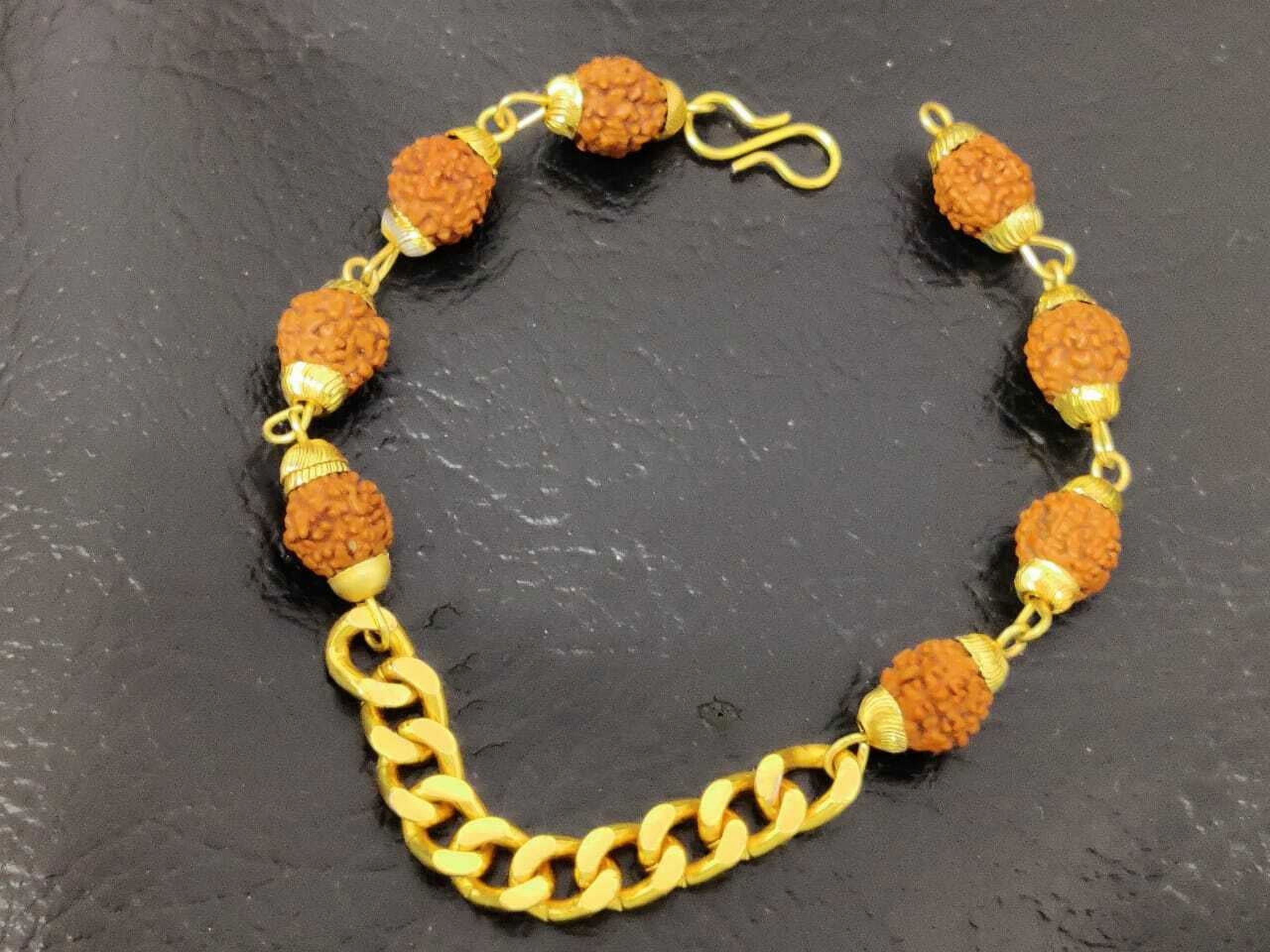14k Yellow Gold Natural Rudraksha Beads Bracelet Gold Cap And Chain Bracelet