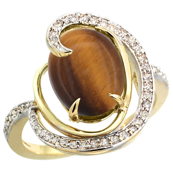 14k Yellow Gold Natural Tiger Eye Ring Oval 12x10mm Diamond Accents, size 5.5