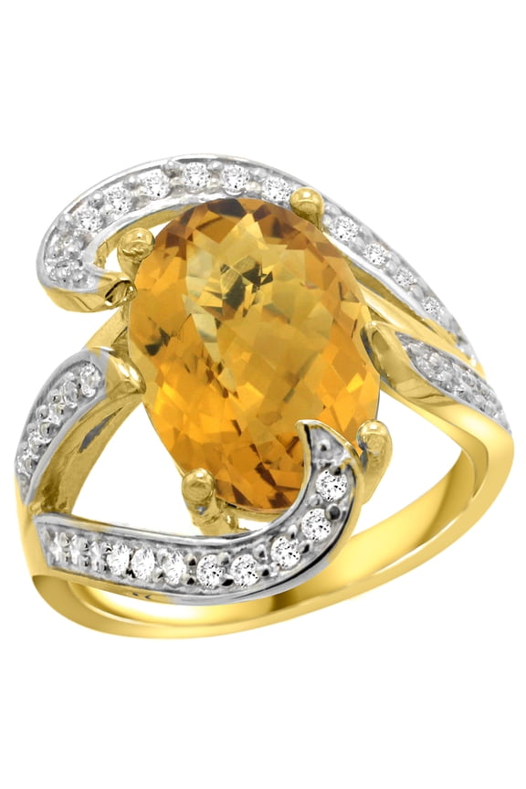 14k Yellow Gold Natural Whisky Quartz Ring Oval 14x10mm Diamond Accent, 3/4 inch wide, size 8.5