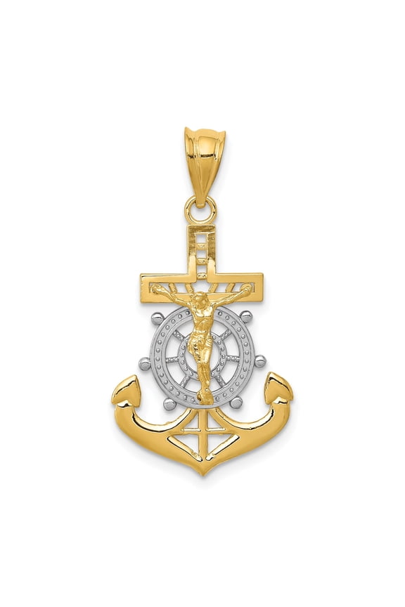 14k Yellow Gold Nautical Anchor Cross Pendant for Men and Women with Ship Wheel Design Polished Religious Jewelry for Christian Faith and Personal Style