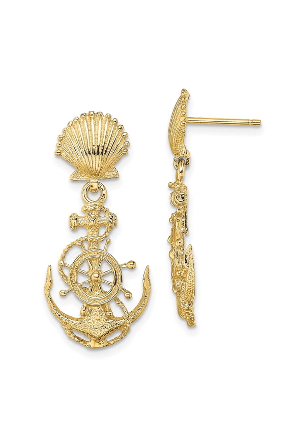 14k Yellow Gold Nautical Drop Earrings for Women with Seashell Anchor Ship Wheel and Rope Detail, Maritime Style Jewelry for Beachwear, Cruises, Sailing, Coastal Outfits