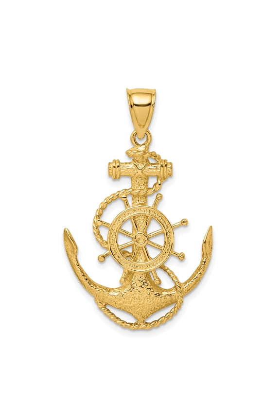 14k Yellow Gold Nautical Pendant for Men or Unisex with Anchor Ship Wheel Rope Design, Maritime Symbol of Strength and Guidance, Ocean Theme Jewelry Charm