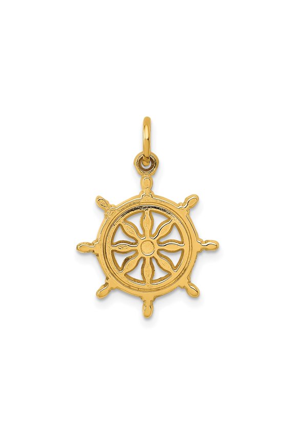 14k Yellow Gold Nautical Ship Wheel Pendant for Men and Women - Polished Maritime Helm Charm Symbolizing Direction and Adventure